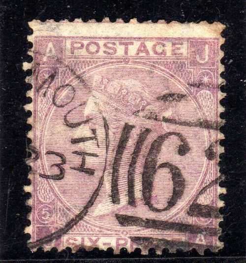 GREAT BRITAIN 1865-1867 6d LILAC PLATE 5 FINE USED. SG 97. CAT 140 POUNDS. (2018)
