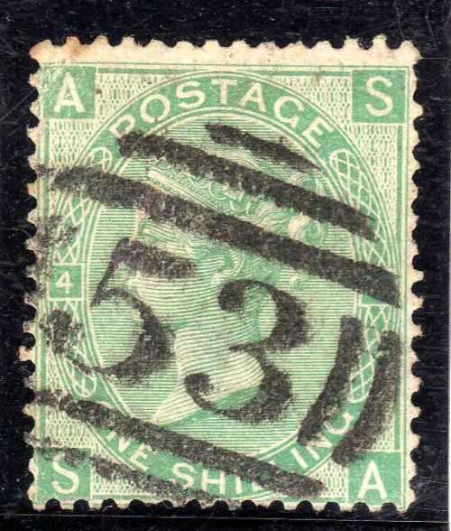 GREAT BRITAIN 1865-1867 1/- GREEN PLATE 4 FINE USED. SG 101. CAT 275 POUNDS. (2018)