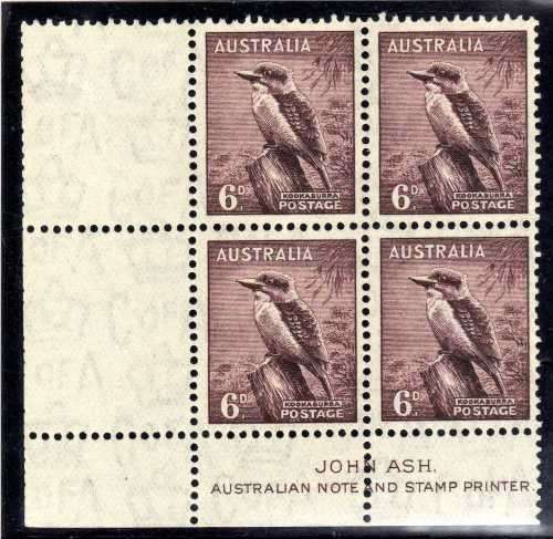 AUSTRALIA 1937-49 DEFIN 6d PERF 13,5 x 14 IMPRINT BLOCK OF 4 UMM. SG 172. CAT 80 POUNDS. (2018)