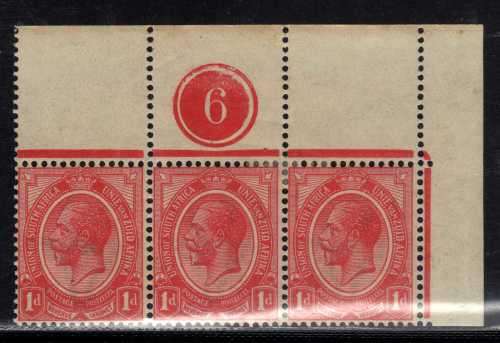SOUTH AFRICA 1913 DEFIN 1d CORNER PLATE NO 6 MM. SACC 3. CAT R350. (SACC 2019-20)