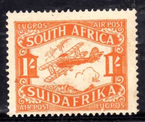 SOUTH AFRICA 1929 AIR MAIL 1/- WITH WHITE SPOT UNDER "U" OF "LUGPOS" VAR MM. SACC 41a. CAT R1200.