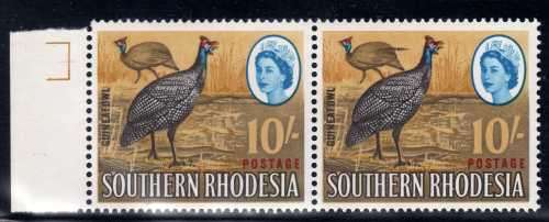 SOUTHERN RHODESIA 1964 DEFIN 10/- UMM PAIR 1 WITH "TAIL FEATHER FLAW" VARIETY. SACC 106a. CAT R1100.