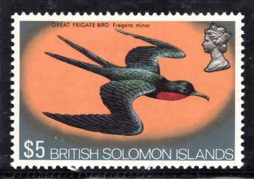 BRITISH SOLOMON ISLANDS 1972 DEFIN $5 GREAT FRIGATE LIGHTLY MOUNTED MINT. SG 233a. CAT 14 POUNDS.