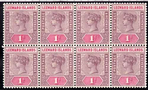 LEEWARD ISLANDS 1890 QV DEFIN 1d BLOCK OF 8 SUPERB UNMOUNTED MINT. SG 2. CAT 68 GBP FOR MM SINGLES.