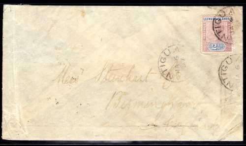LEEWARD ISLANDS 1897 COVER WITH QV 2,5d (SG 3) CANCELLED "ANTIGUA 6 JA 97" + UK RECEIVER BACK STAMP.