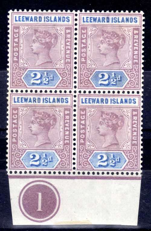 LEEWARD ISLANDS 1890 QV 2,5d BOTTOM BLOCK OF 4 PLATE "1" MINT SG 3. CAT 36 GBP x 2 PLATE & UMM PAIR+