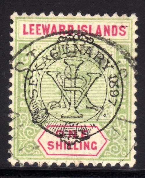 LEEWARD ISLANDS 1897 QV DIAMOND JUBILEE 1/- VERY FINE USED. SG 15. CAT 275 POUNDS. (2018)