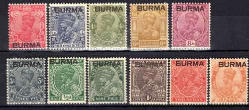 BURMA 1937 KGV OF INDIA OPT BURMA PART SET OF 11 LMM. SG 1-11. CAT 32,50 GBP. (2018).