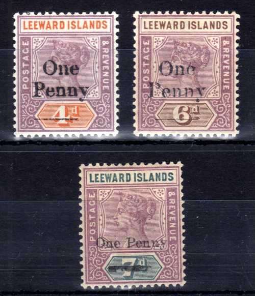LEEWARD ISLANDS 1902 QV LOCAL SURCHARGE SET OF 3 LMM. SG 17-19. CAT 19 POUNDS. (2018)