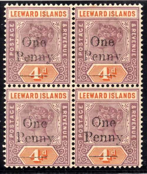 LEEWARD ISLANDS 1902 QV LOCAL SURCHARGE "One Penny" ON 4d BLOCK OF 4 UMM WITH BROKEN "e" VAR. SG 18.