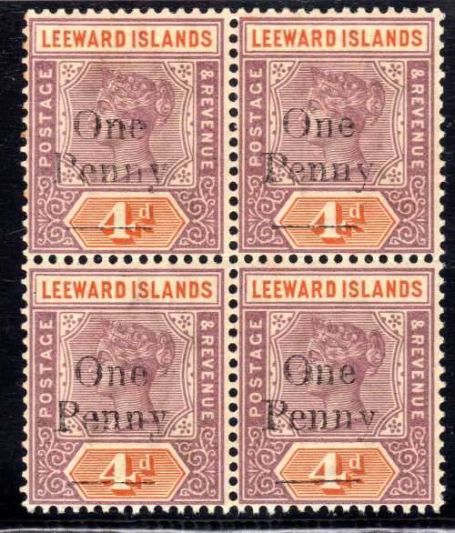 LEEWARD ISLANDS 1902 QV LOCAL SURCHARGE "One Penny" ON 4d BLOCK OF 4 MINT (3 UMM & 1 MM)