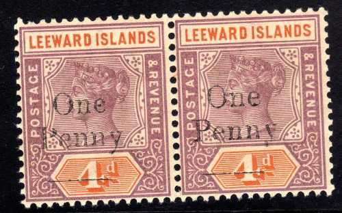 LEEWARD ISLANDS 1902 QV LOCAL SURCHARGE "One Penny" ON 4d UMM PAIR. SG 17.