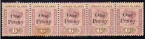 LEEWARD ISLANDS 1902 QV LOCAL SURCHARGE "One Penny" ON 6d STRIP OF 5 UMM. SG 18. CAT 40 GBP++ (2018)