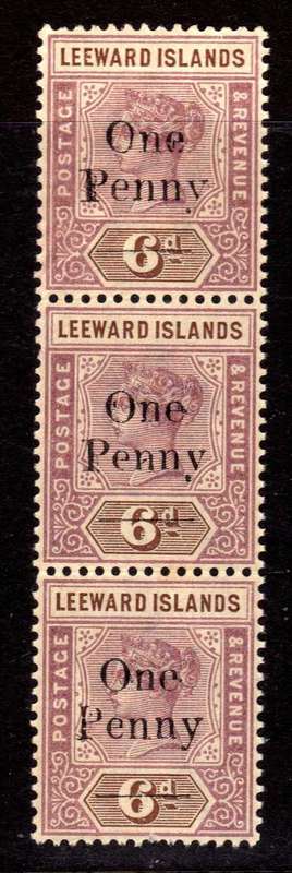 LEEWARD ISLANDS 1902 QV LOCAL SURCHARGE "One Penny" ON 6d STRIP OF 3 UMM. SG 18. CAT 24 GBP++ (2018)