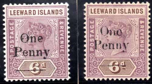 LEEWARD ISLANDS 1902 QV SURCH "One Penny" ON 6d (x2) ONE WITH NARROW "O" VARIETY LMM. SG 18 & 18a.