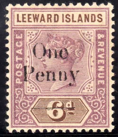 LEEWARD ISLANDS 1902 QV SURCH "One Penny" ON 6d (x2) ONE WITH NARROW "O" VARIETY LMM. SG 18 & 18a.