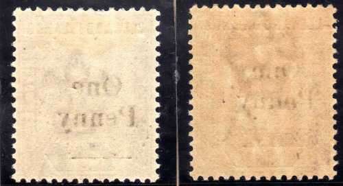 LEEWARD ISLANDS 1902 QV SURCH "One Penny" ON 6d (x2) ONE WITH NARROW "O" VARIETY LMM. SG 18 & 18a.