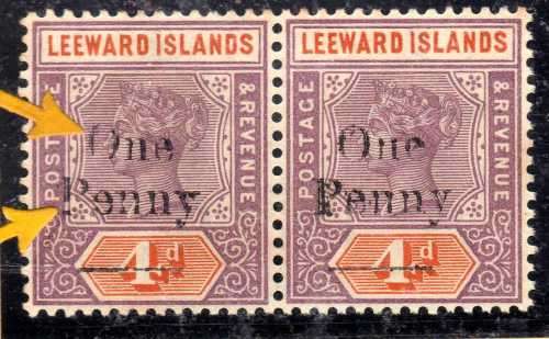 LEEWARD ISLANDS 1902 QV SURCH "One Penny" ON 4d UMM PAIR WITH NARROW "O" VARIETY + UNLISTED. SG 17a.