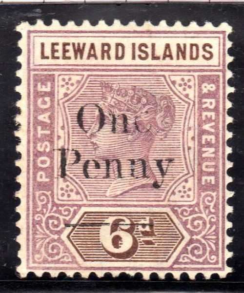 LEEWARD ISLANDS 1902 QV SURCH "One Penny" ON 6d WITH FEINT "e" UNLISTED VARIETY LMM. SG 18.