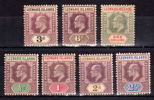 LEEWARD ISLANDS 1902 KEVII DEFIN SHORT SET OF 7 LMM. SG 20-26. CAT 50 POUNDS (2018)