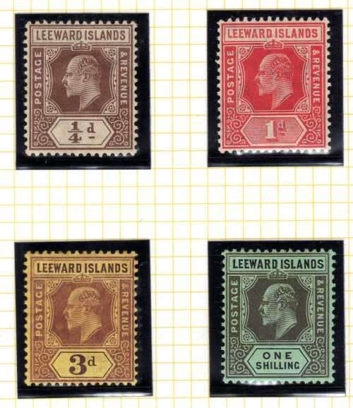 LEEWARD ISLANDS 1907 KEVII DEFIN 1/4d, 1d, 3d & 1/- MM. SG 36, 38, 41 & 43. CAT 31,25 POUNDS (2018)