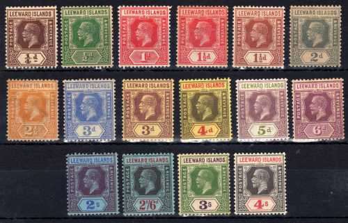 LEEWARD ISLANDS 1921-32 KGV DEF PART SET OF 16 MM. SG 58-60, 63-66, 68-72, 74-77. CAT 144 GBP (2018)