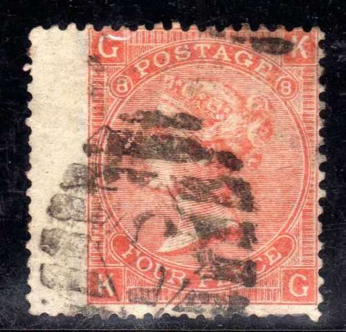 GREAT BRITAIN 1865-7 4d VERMILLION PLATE 8 GOOD USED WING MARGIN. SG 94. CAT 90 GBP (2018)