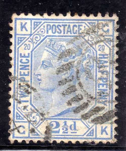 GREAT BRITAIN 1873-80 2,5d BLUE PLATE 20 VERY FINE USED. SG 142. CAT 55 POUNDS.(2018)
