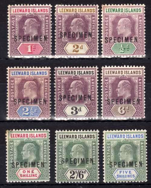 LEEWARD ISLANDS 1902 KEVII SPECIMEN SET OF 9 MM. SG 20s-28s. CAT 190 POUNDS. (2018)