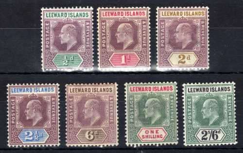 LEEWARD ISLANDS 1902 KEVII DEFIN PART SET OF 7 MM. SG 20-23 & 25-27. CAT 69 POUNDS. (2018)