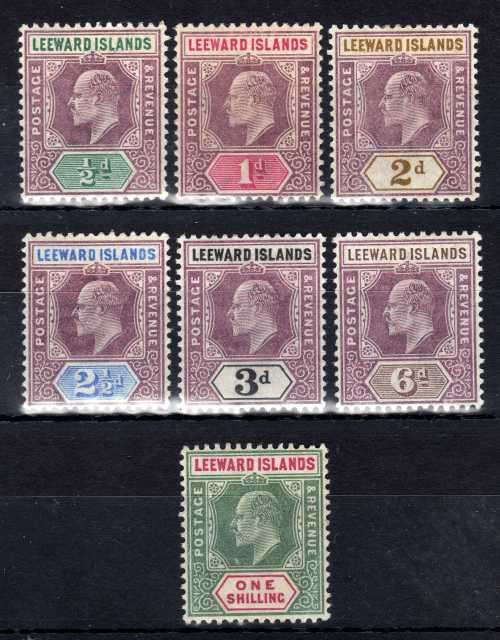 LEEWARD ISLANDS 1902 KEVII DEFIN SHORT SET OF 7 TO 1/- MM. SG 20-26. CAT 50 POUNDS. (2018)