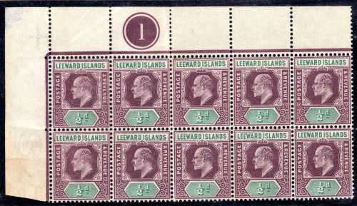 LEEWARD ISLANDS 1902 KEVII 1/2d TOP LEFT PLATE "1" BLOCK OF 10 UMM. SG 20. CAT 120 POUNDS. (2018)
