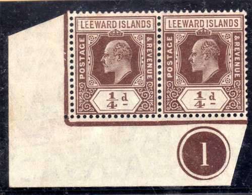 LEEWARD ISLANDS 1907-11 KEVII 1/4d BOTTOM LEFT PLATE NR PAIR UMM. SG 36. CAT 24,75 POUNDS. (2018)