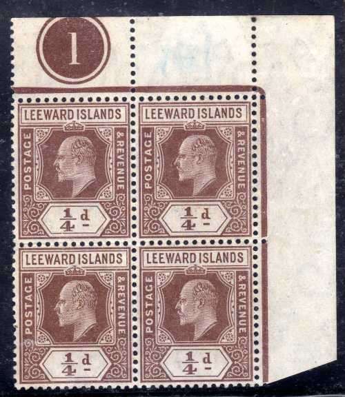 LEEWARD ISLANDS 1907-11 KEVII 1/4d TOP RIGHT PLATE NR BLOCK OF 4 UMM & MM. SG 36. CAT 41,25 POUNDS.