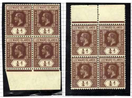 LEEWARD ISLANDS 1912-22 KGV 1/4d 2 x MARGINAL BLOCKS OF 4 UMM. SG 46 & 46a. CAT 43,50 GBP (2018)