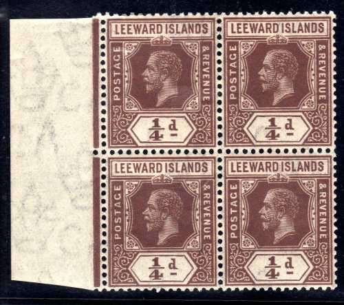 LEEWARD ISLANDS 1912-22 KGV 1/4d MARGINAL BLOCK OF 4 UMM. SG 46. CAT 10,50 GBP (2018)