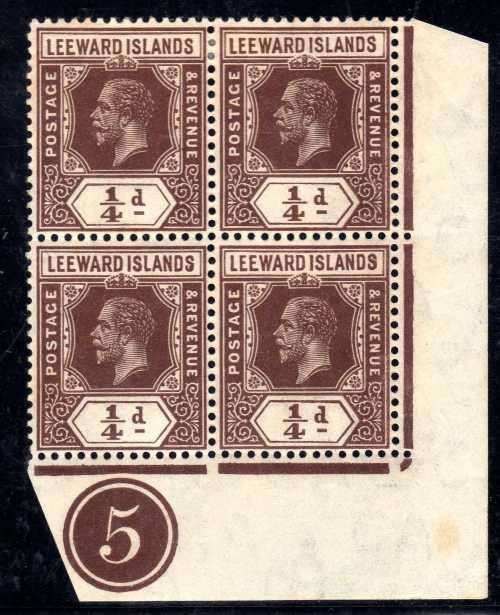 LEEWARD ISLANDS 1912-22 KGV 1/4d PLATE NUMBER CORNER BLOCK OF 4 MM/UMM. SG 46. CAT 21++ GBP (2018)