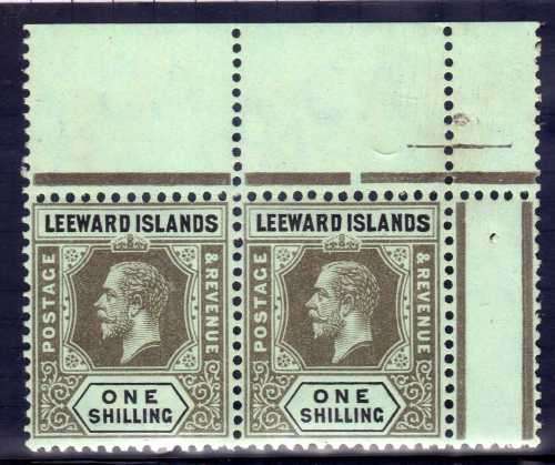 LEEWARD ISLANDS 1912-22 KGV 1/- BLUE-GREEN OLIVE BACK MARGINAL PAIR UMM. SG 54b. CAT 51 GBP++ (2018)