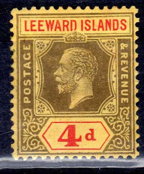 LEEWARD ISLANDS 1912-22 KGV 4d BLACK & RED/PALE YELLOW MM. SG 52. CAT 7,50 POUNDS. (2018)