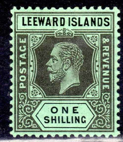 LEEWARD ISLANDS 1912-22 KGV 1/- BLACK/GREEN UMM. SG 54. CAT 3,75 POUNDS ++ FOR UMM. (2018)