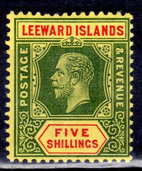 LEEWARD ISLANDS 1912-22 KGV 5/- GREEN & RED/YELLOW WHITE BACK MM. SG 57a. CAT 55 POUNDS. (2018)