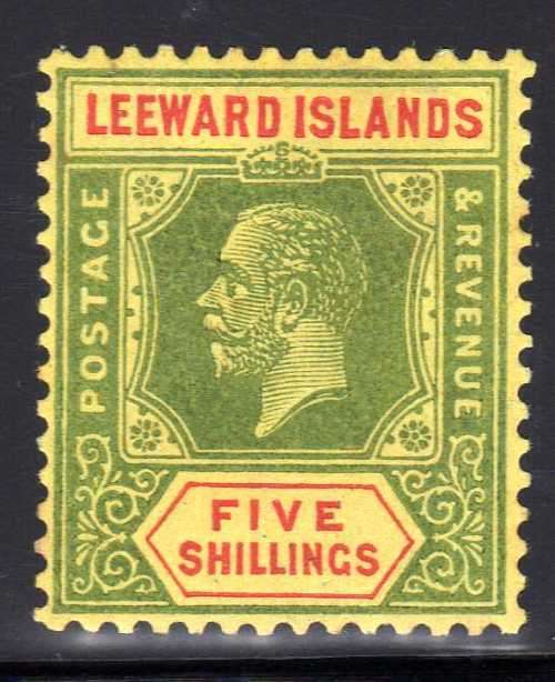 LEEWARD ISLANDS 1912-22 KGV 5/- GREEN & RED/YELLOW MM. SG 57. CAT 65 POUNDS. (2018)