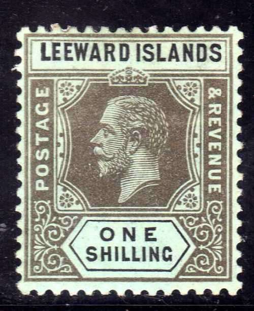 LEEWARD ISLANDS 1912-22 KGV 1/- ON BLUE/GREEN OLIVE BACK MM. SG 54b. CAT 17 POUNDS. (2018)