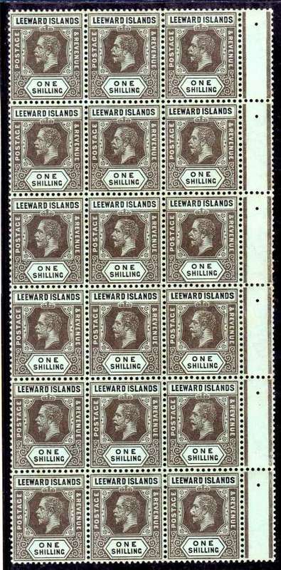 LEEWARD ISLANDS 1912-22 KGV 1/- BLUE-GREEN OLIVE BACK RIGHT GUTTER BLOCK OF 18 UMM. SG 54b.
