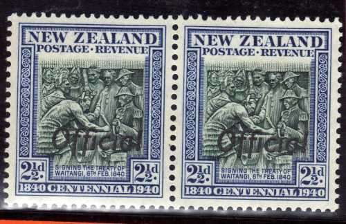 NEW ZEALAND 1940 CENTENNIAL OFFICIAL 2½d UMM PAIR. SG O145. CAT 10 POUNDS. (2018)