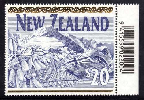NEW ZEALAND 1994 DEFIN $20 MARGINAL SINGLE WITH BAR CODE UMM. SG 1784. CAT 15 POUNDS.