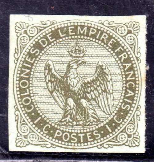 FRENCH COLONIES 1859 1c IMPERF MOUNTED MINT 4 MARGINS. SG 1. CAT 16 POUNDS.