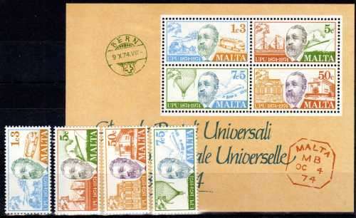 MALTA 1974 UPU CENT SET OF 4 & MINI SHEET LMM. SG 527-531. CAT 6,70 POUNDS.