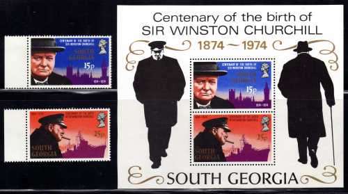 SOUTH GEORGIA 1974 "CHURCHILL BIRTH CENT" SET OF 2 & MINI SHEET UMM. SG 40-42. CAT 8,25 POUNDS.
