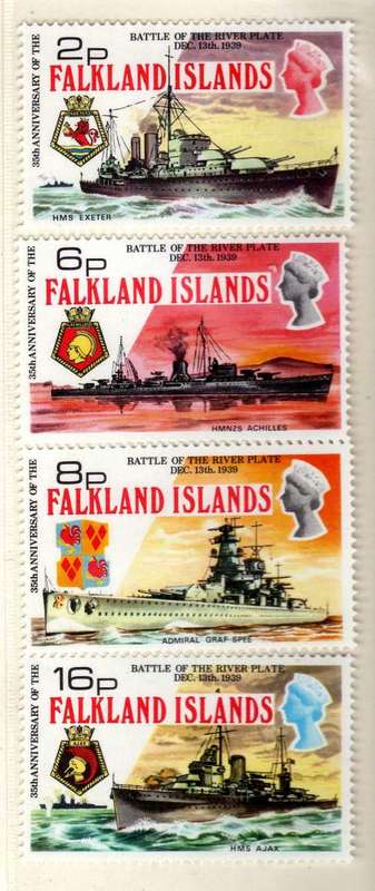 FALKLAND ISLANDS 1974 "BATTLE OF RIVER PLATE 35TH ANNIV" SET OF 4 UMM. SG 307-310. CAT 16,50 POUNDS.